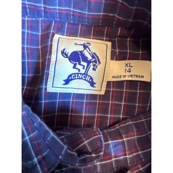 Cinch navy w/ red and white stripes Youth XL 14 Pearl Faux Pearl Snaps Chest Poc - Picture 5 of 5